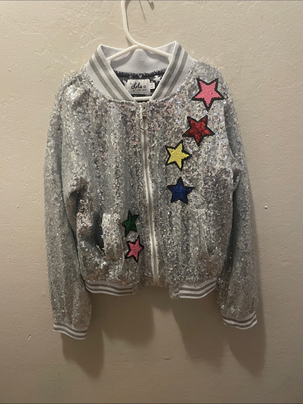 Lola + The Boys Silver Sequin Jacket with Colorful Star Patches Size 10